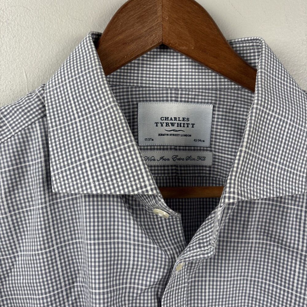 Charles Tyrwhitt Shirt Men 17-43” FRENCH CUFFS Extra Slim Fit Gray Tattersall LS - Picture 7 of 10